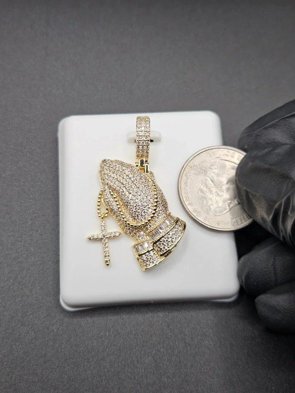 Gold Filled Iced Praying Hands Rosary Pendant CZ